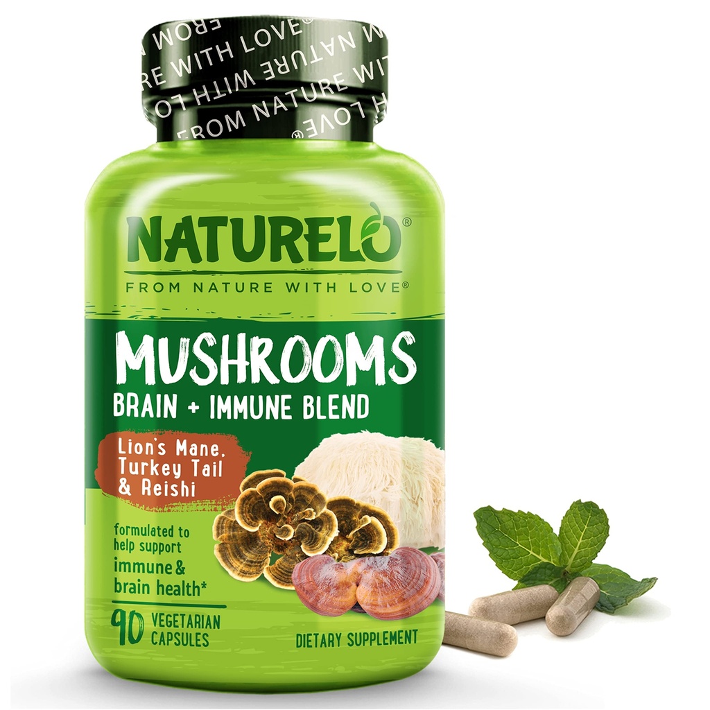 NATURELO Mushroom Supplemento cervello e miscela di salute immuni con Lion s Mane, Reishi, Turchia Tail 90 Vegan Friendly Capsule
