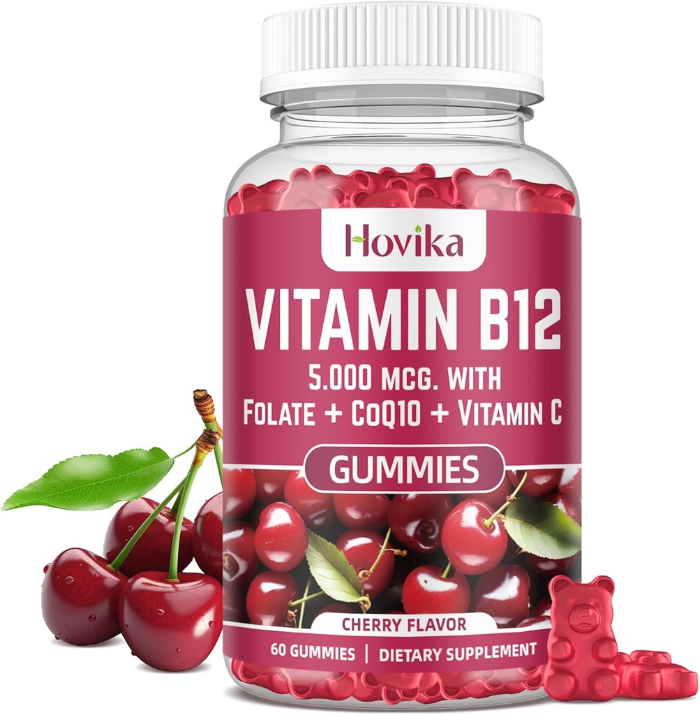 Vitamina B12 Complesso 5000 mcg Methyl B12, Adenosyl B12 & Hydroxy B12, con Coenzyme Q10, Folate, Vitamina C, Chewable B 12 per il supporto energetico, Metabolismo, Salute Bone - Cherry Flavor
