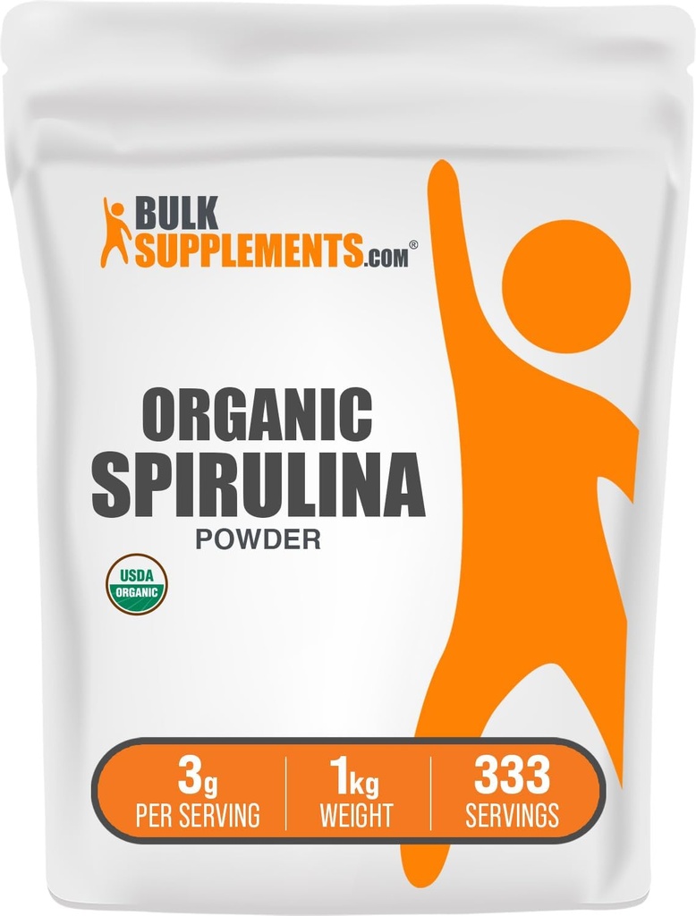 BulkSupplements.com Polvere di Spirulina Organica - Superfood, Polvere di Spirulina Verde, Supplemento di erbe - Vegan-Friendly, 3g per porzione, 1kg (2.2 lbs) (Pack of 1)