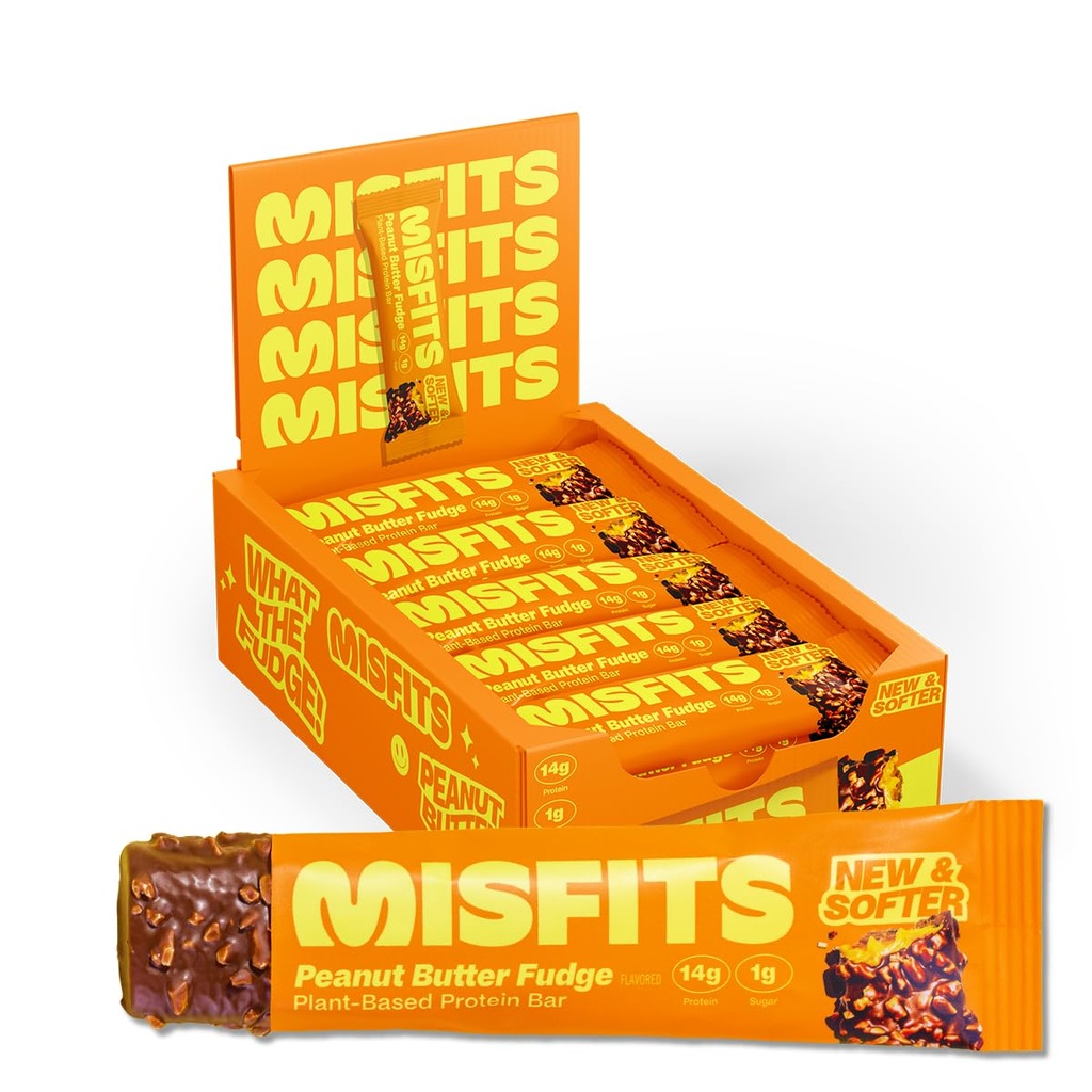 Misfits Vegan Protein Bars, Peanut Butter Fudge - Ricetta aggiornata | Plant Based, Low Sugar & Carb, High Fiber Snacks | Confezione di 15
