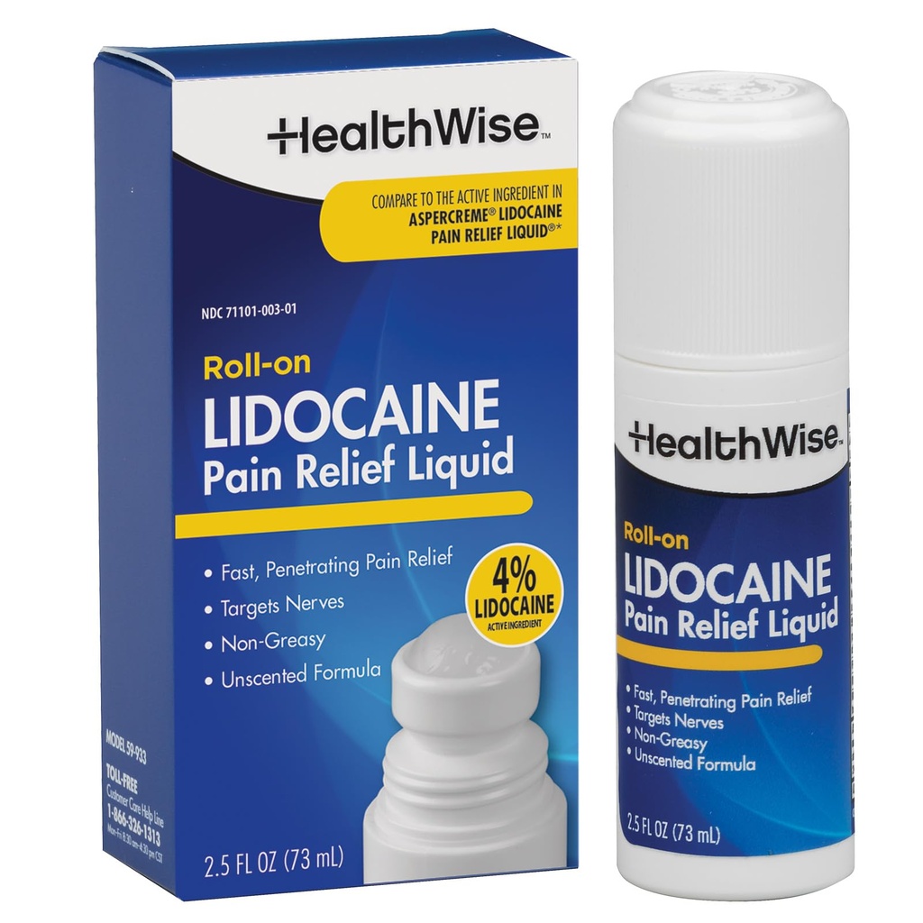 HealthWise 4% lidocaina Roll-On | OTC Strength | Liquido di sollievo dal dolore | 2.5 oz. 73 mL | Formula non grassa, non profumata | Anestetico Topico