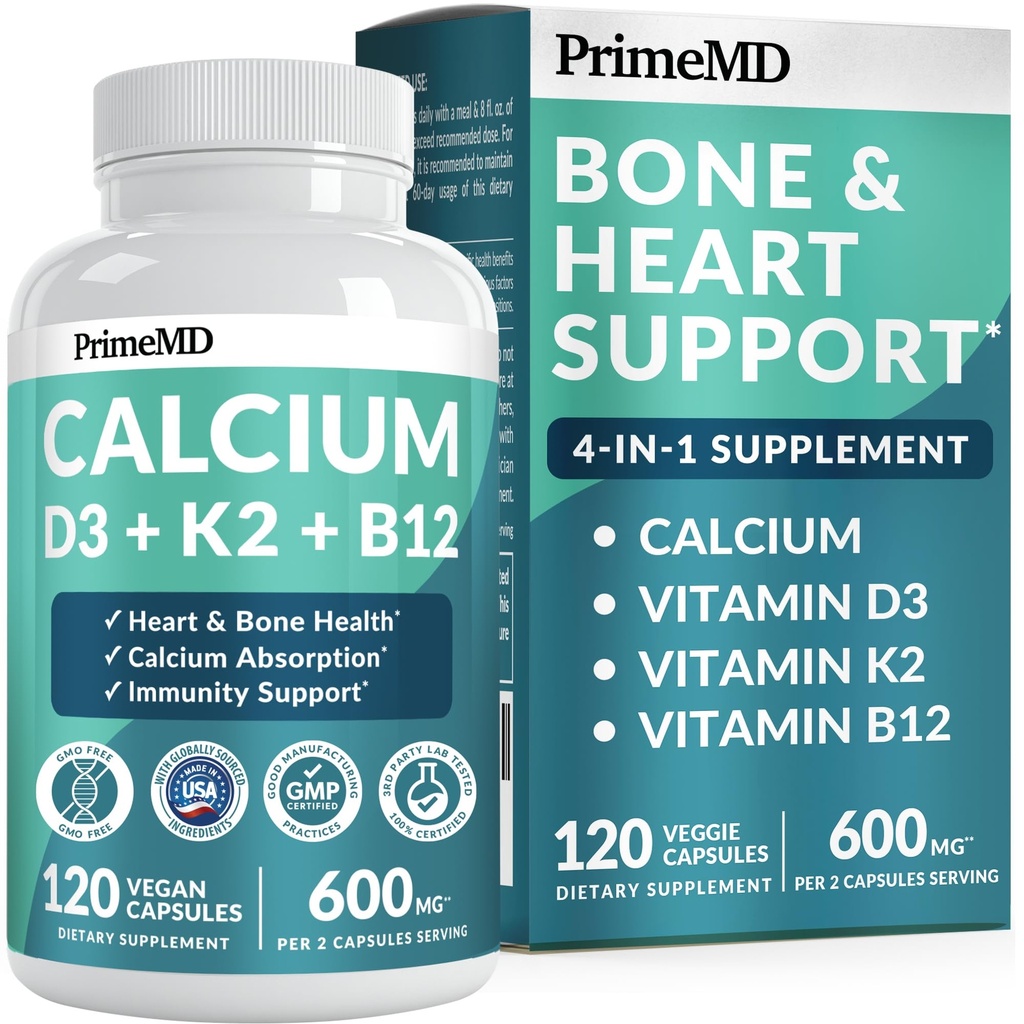 4-in-1 Integratori di calcio per le donne e gli uomini - Calcio con vitamina D3 K2 5000 IU Supplemento, 601 mg per porzione - Senza glutine, Vegan-Friendly (120 ct)