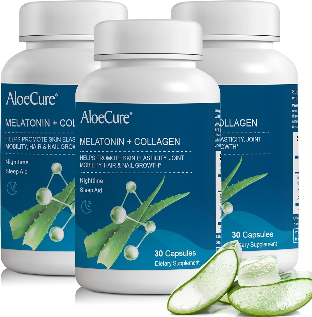 Melatonina naturale di aloeCure + collagene con aloe organico Vera - Integratore naturale per le notti riposanti - Complesso di collagene per la forza comune, elasticità della pelle, crescita dei capelli e delle unghie, 30 capsule