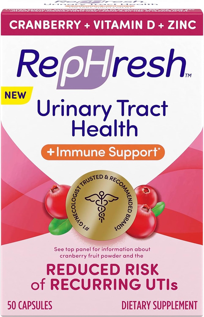 Rephresh Cranberry Urinary Tract Health Plus Integratore Immune, Blended with Vitamin D + Zinc - 50 Count