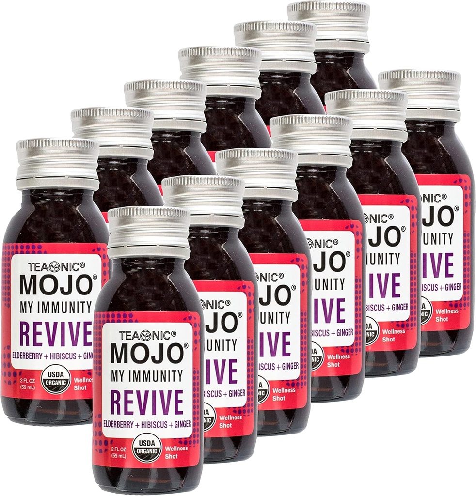 TEAONICO My Immunity Mojo: Revive, Succo di erbe, Integratore di erbe con Elderberry, Hibiscus e Ginger, USDA-Certified Organic, Vegan, Gluten-Free, 12 Packs, 2 Fl. Oz