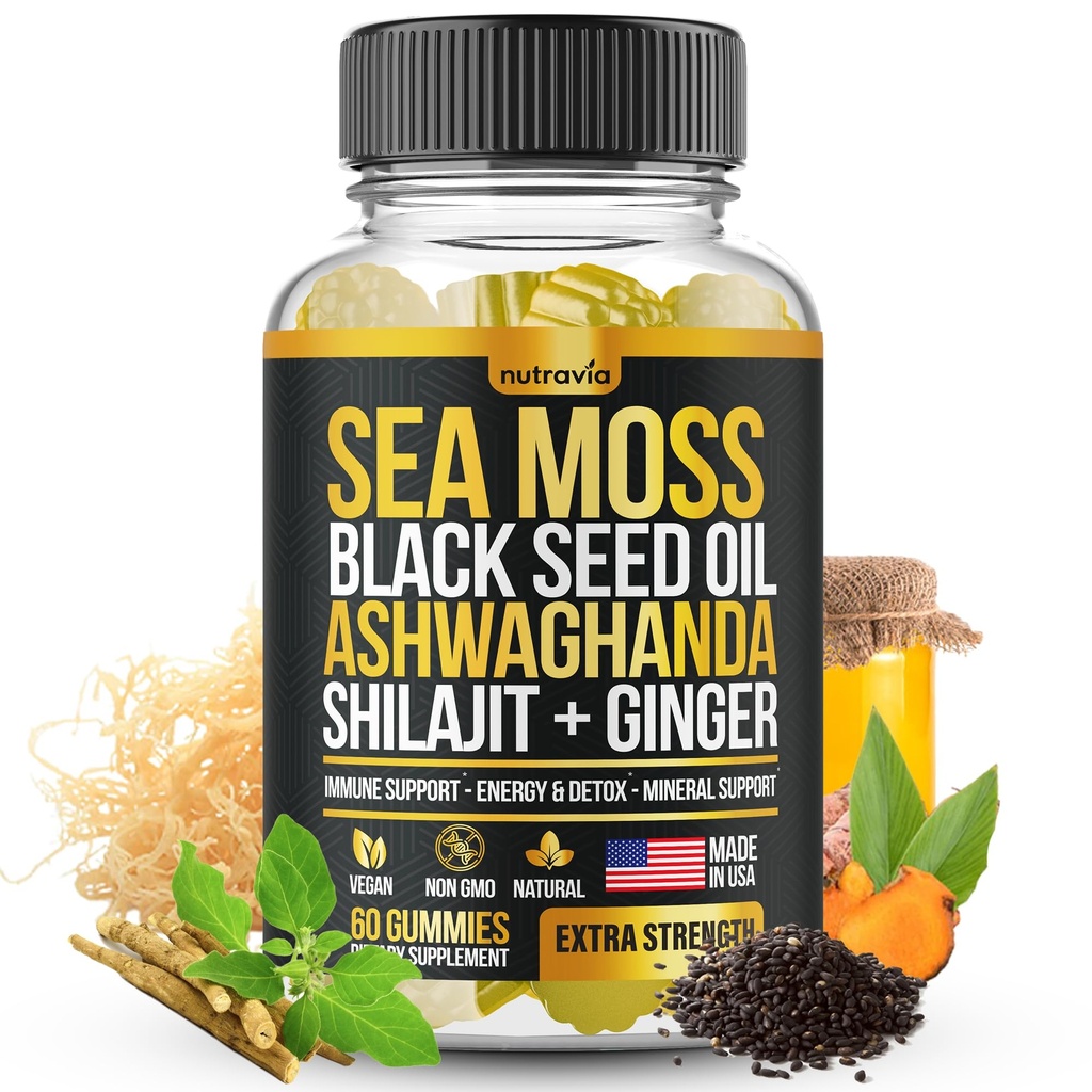 Sea Moss, Black Seed Oil, Ashwagandha, Ginger, Shilajit Gummies con Elderberry, Chlorophyll, Turmeric Bladderwrack Sea Moss Gummies Advanced Strength Formula - Tutto in 1 Bundle - USA Made (60 Gummies)