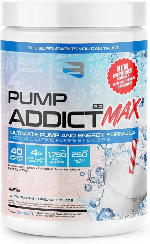 Believe Supplements - Pump Addict Max Pre-Workout Powder - Maggiore energia, messa a fuoco e resistenza... (40 Serving, White Slushie)