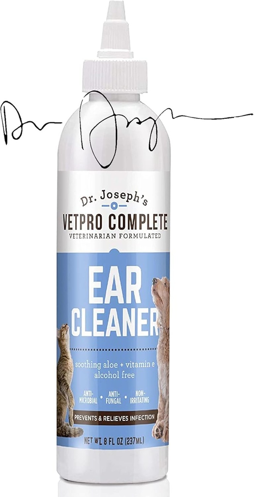 VetPro Complete Dr. Joseph's Dog Ear Cleaner, 8 once, Gentle Dog and Cat Ear Rinse Solution Wash with Aloe Vera and Vitamin E, Dog Ear Drops to Remove Wax and Debris, Riduce l'odore, Facile Applicatore