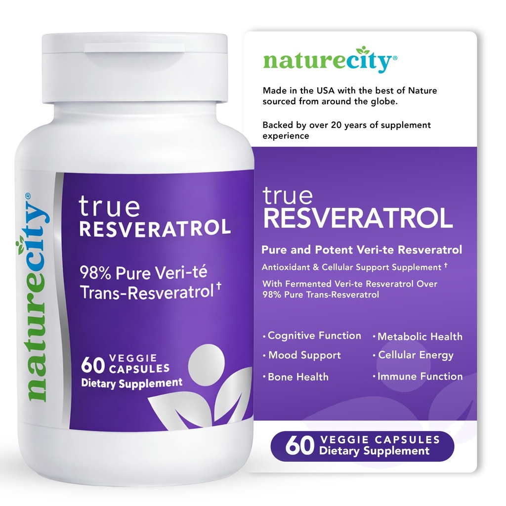 NatureCity TrueResveratrol – Integratore di Resveratrolo & Supporto Anti-Aging con 75 mg Trans-Resveratrolo (98% Pure Veri-te) per Cuore, Immune, Bone & Salute Cognitiva | 60 capsule di verdure