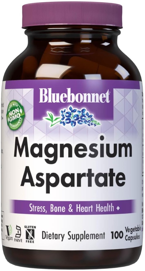 Bluebonnet Nutrition Magnesium Aspartate, Stress Relief*, Bone Health*, Heart Health*, Non OGM, Vegan, Kosher Certified, Gluten-Free, Soy-Free, Dairy-Free, 100 Capsule Vegetali, 50 Serve