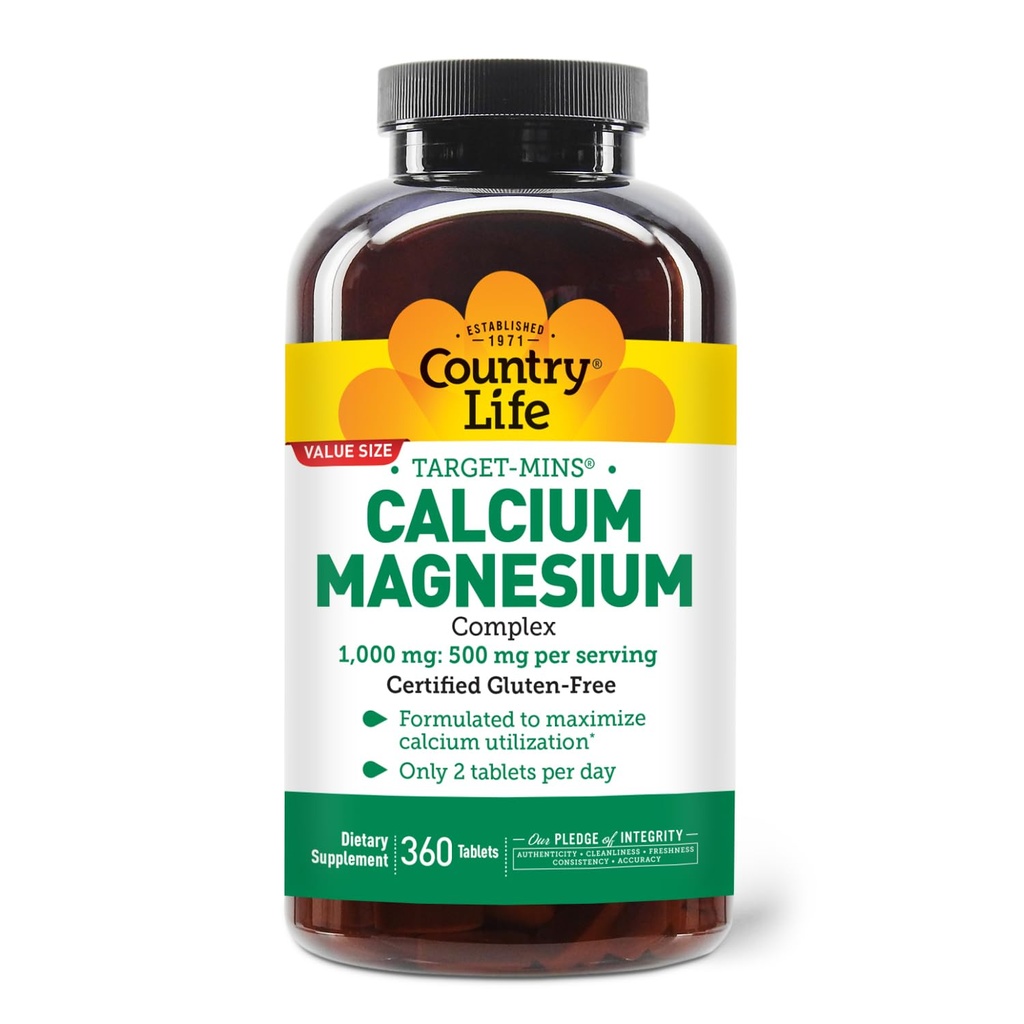 Country Life Target-Mins Calcium Magnesium Supplemento per la salute di ossa, 1000 mg di calcio, 500 mg di magnesio, senza glutine, 2:1 Ratio per l'utilizzo ottimale