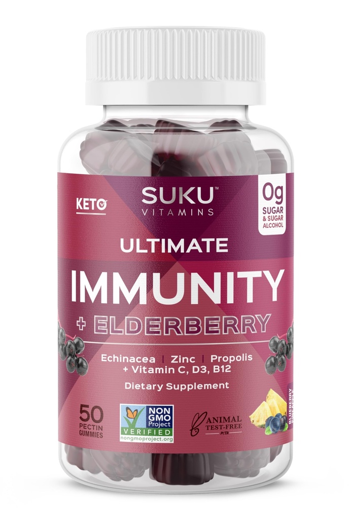 Vitamine SUKU - Immunità Ultimate - Echinacea di Elderberry e Propolis Gummies per il supporto immunitario, Facile da cucire - Non OGM, Gluten Sugar Free - Pomegranate Lime Flavored Gummy Vitamins, 50 Count
