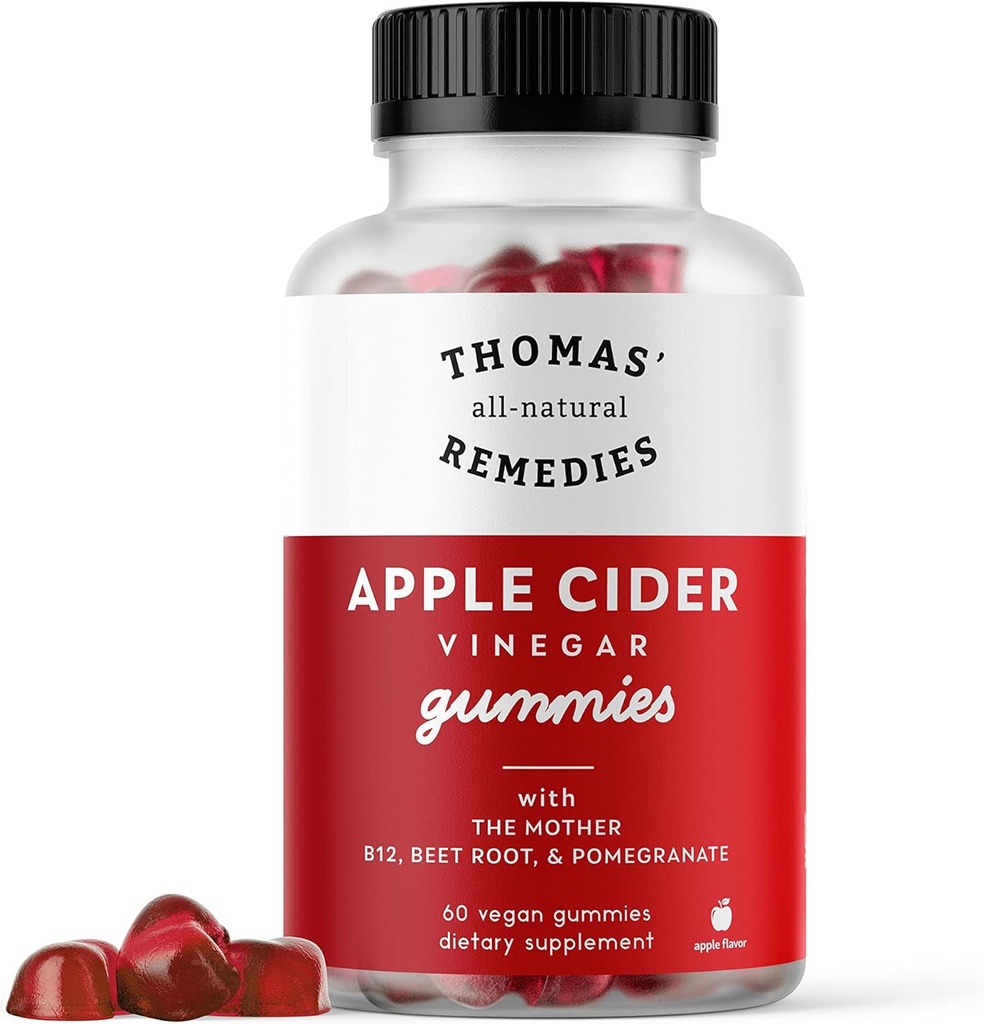 Thomas' All-natural Remedies Aceto di Mele Gummies con la madre, ACV Gummies 1000mg, Radice di barbabietola, Melograno, B9 & B12 Vitamine Gummies, Gelatin-Free, Gluten-Free, Vegan & Non-GMO (60 Conte)