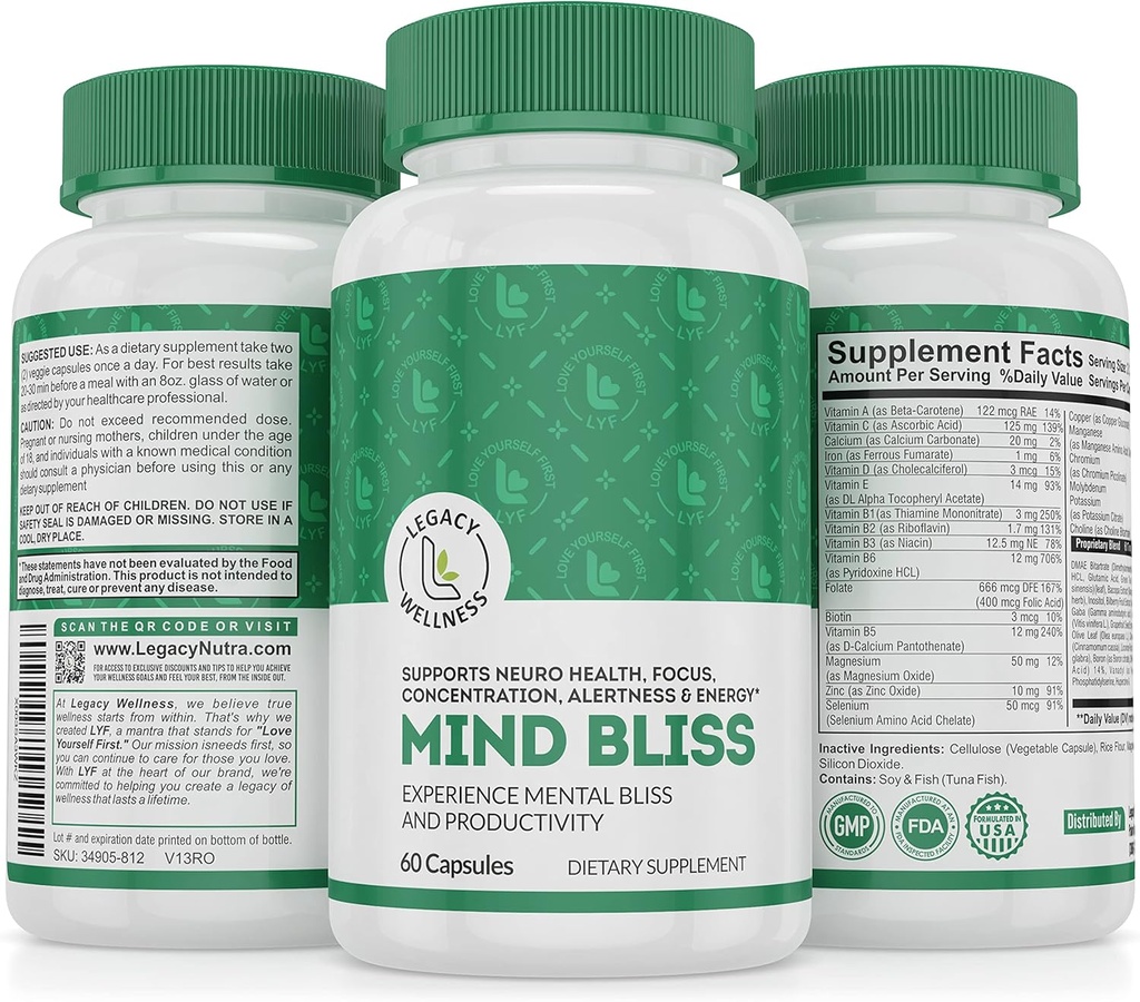 Mind Bliss Brain Supplemento: Memoria 40-Ingrediente, Vitamine Focus & Clarity, Energy Boost & Nootropic Support con DMAE, 60 Pills
