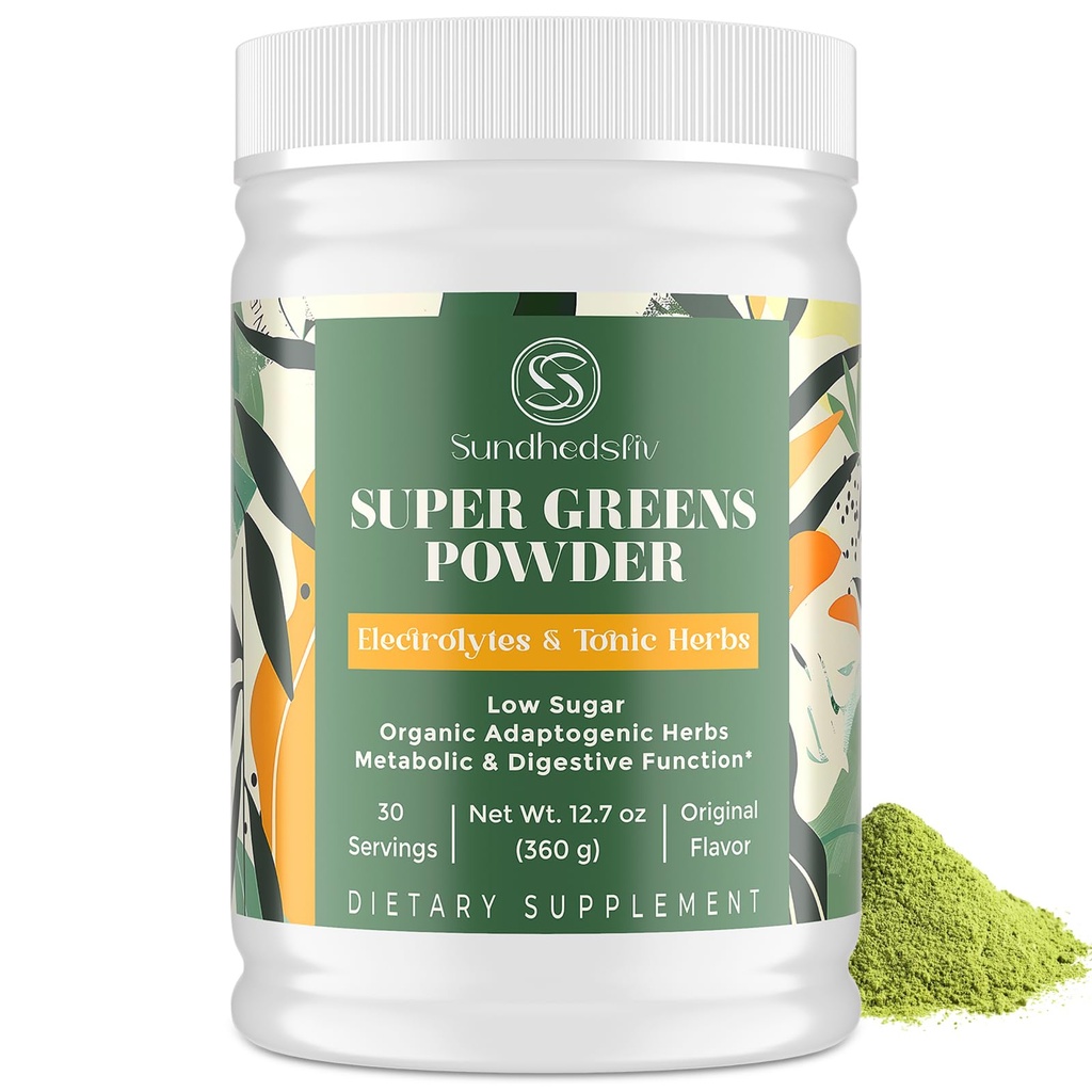 Super Greens Powder Superfood + Electrolytes & Tonic Herbs | Verdi organici, Shilajit, Adaptogens, Antiossidanti, Preobiotici & Probiotici & Postbiotic| per l'energia, Gut & Immune| non aromaed - 30 Serve