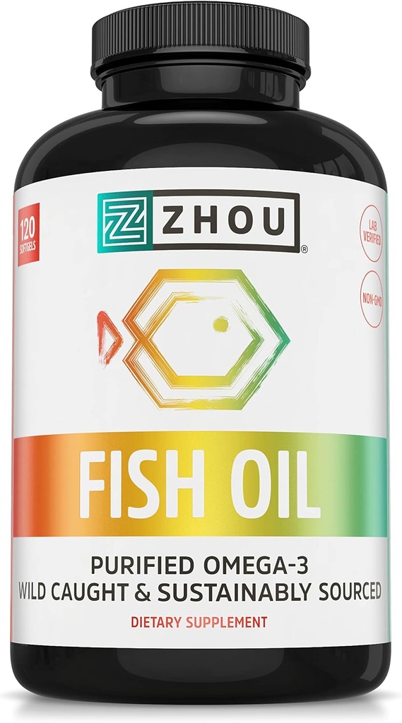 Olio di pesce Zhou - Integratore di olio di pesce per le donne e gli uomini, Acido 3 grassi Omega, Fonte naturale di DHA & EPA per gli adulti, Burpless, Pure, Cuore e Joint Health - 120 Softgels