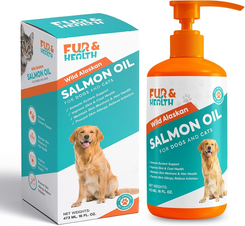 Fur & Health Wild Alaskan Salmon Oil con Omega 3 per cani e gatti - Natural Fish Oil Supplement Healthy Skin, Shiny Coat & Joint Support - Pure EPA & DHA Formula per la salute animale 16oz
