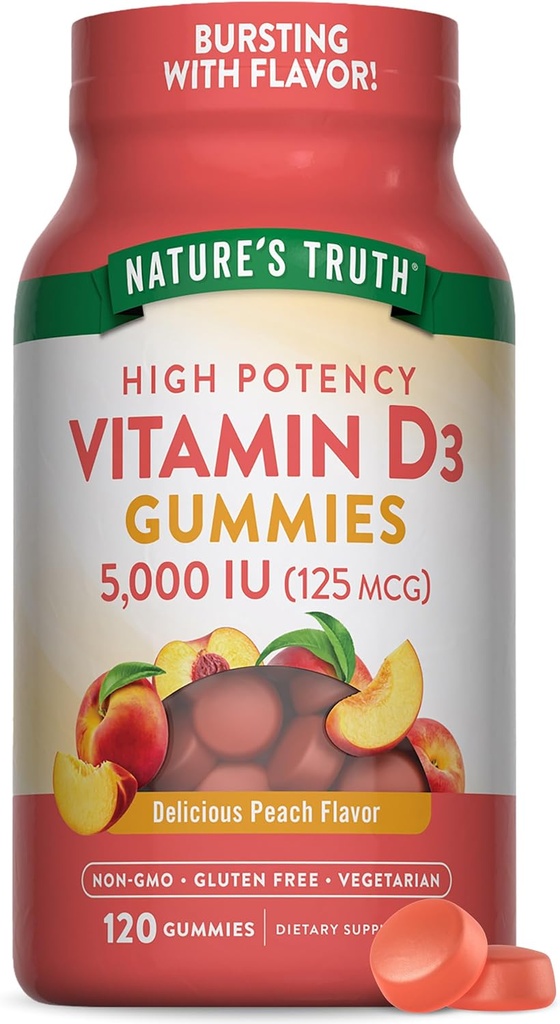 Vitamina D3 Gummies | 5000 IU | 120 Count | Vegetariano, Non OGM & Gluten Supplemento gratuito | Natural Peach Flavor, Confezione da 1