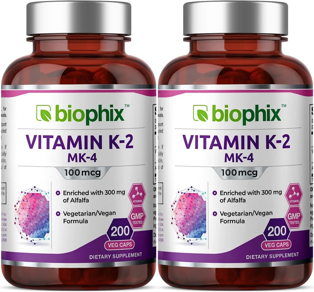 biophix Vitamin K2 MK-4-100 mcg 200 Caps con Alfalfa 2 Pack - Supporta le ossa forti Salute immunitaria