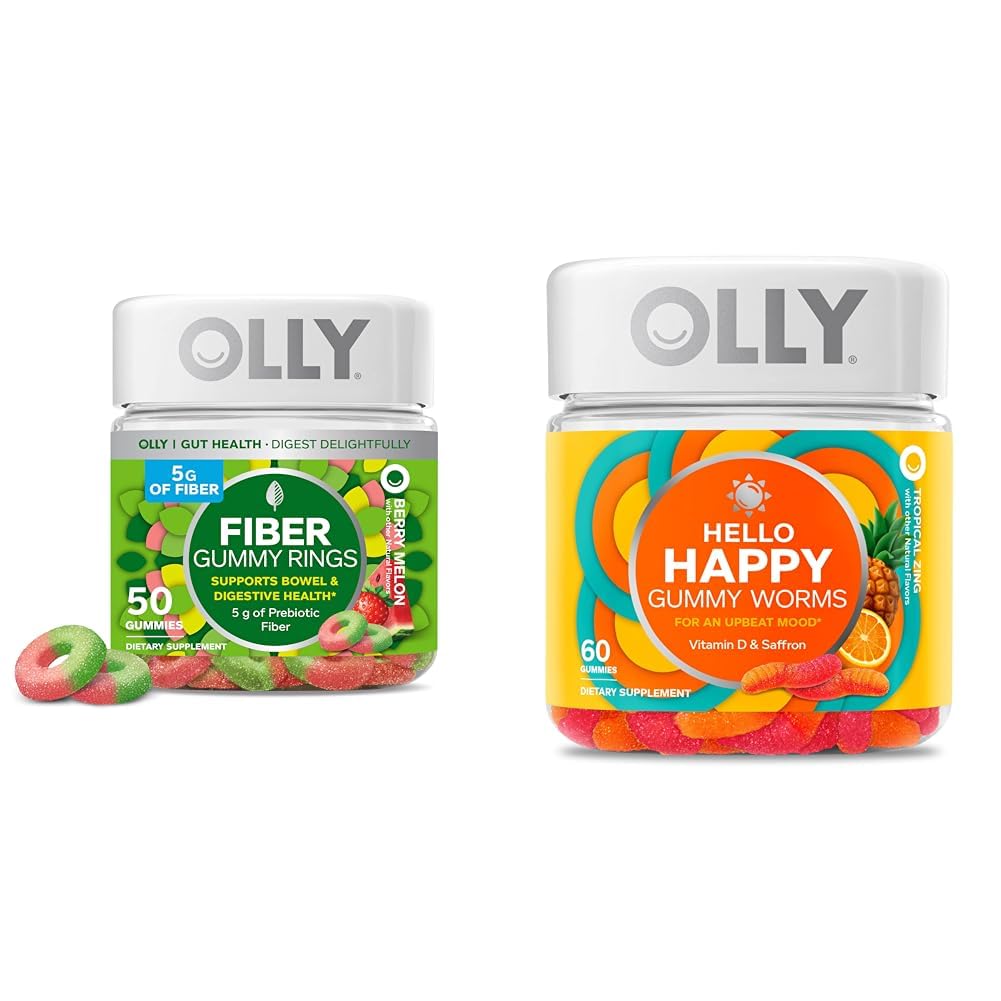 Anelli della pancia della fibra di OLLY, 5g fibra prebiotica, FOS (Fructo-oligosaccharides), Supporto digestivo & Hello Happy Gummy Worms, Mood Balance Support, Vitamina D, Zafferano, Adulto Chewable Supplement