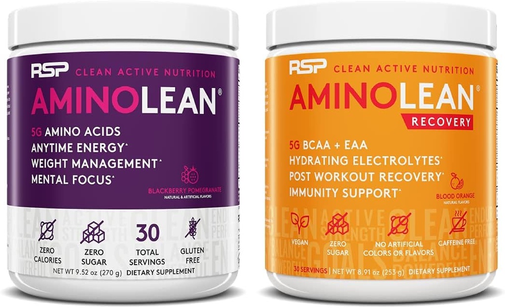 RSP NUTRITION AminoLean Pre Workout Energy (BlackBerry Pomegranate 30 Serve) con AminoLean Recovery Post Workout Boost (Blood Orange 30 Servings)