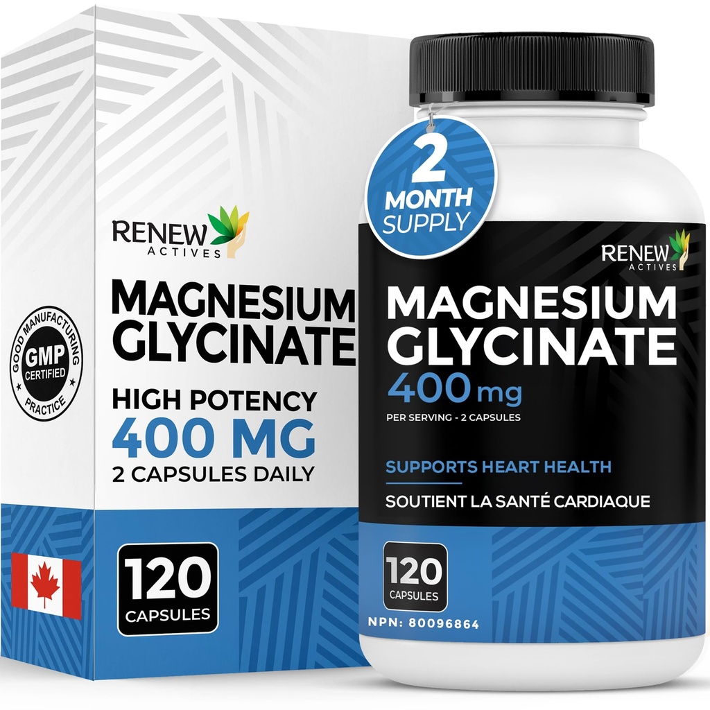 RENEW ACTIVE Magnesio Glycinate 400MG per 2 capsule Pure Magnesium Bisglycinate per il rilassamento del corpo pieno, sonno, muscoli, ossa & energia - bilancia elettrolitica - Made in Canada -120 capsule