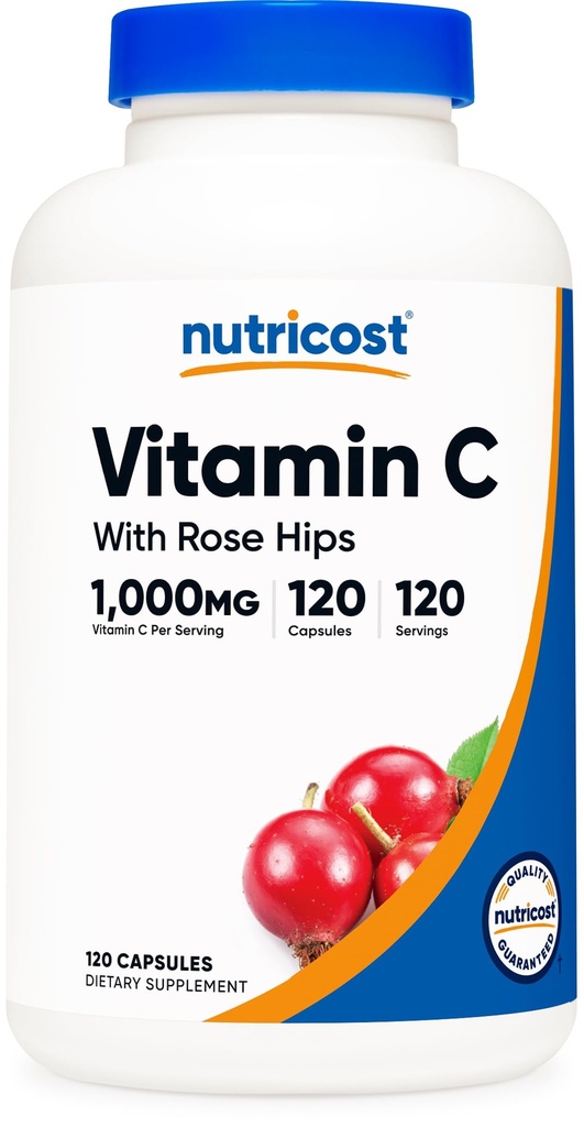 Nutricost Vitamina C con Rose HIPS 1025mg, 120 Capsule - Vitamina C 1000mg, Rose HIPS 25mg, Premium, Non OGM, Gluten Free Supplement