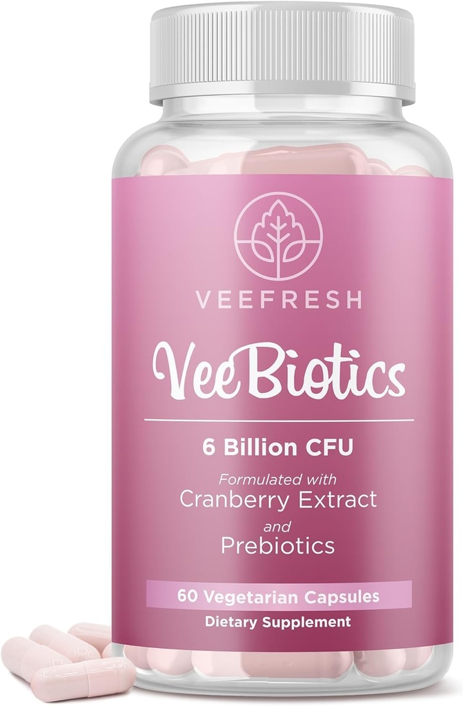 VeeFresh VeeBiotics Mirtillo Probiotici per le donne - 60 Capsule Probiotici Donna con Prebiotici & Estratto di Mirtillo per pH Balance & Odor Control, Promuove Flora Vaginale sana &amp; Benessere generale