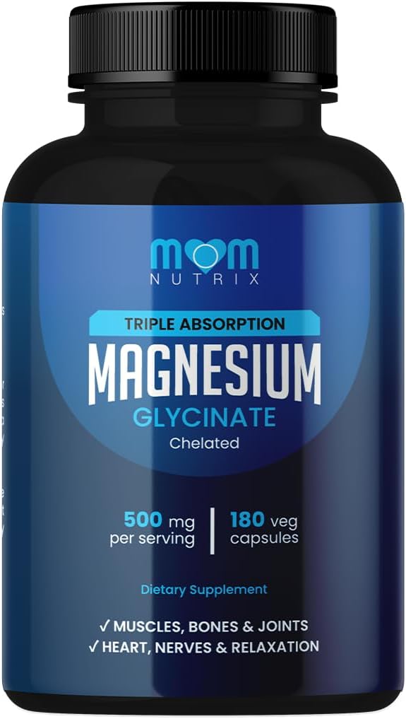 Magnesio Glycinate - 500 mg Chelated Triple Absorption Magnesium - Cuore, Bones, Joints Support - Calm & Relax- 180 Capsule