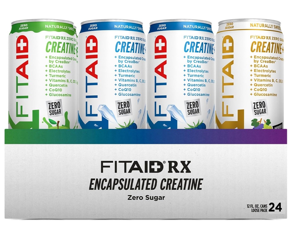 FITAID RX Zero Sugar, Creatina Incapsulata, Workout Recovery Drink, All-In-One Blend, BCAAs, Glucosamine, Turmeric, B-Complex, Electrolytes, Variety Pack, 12 Fl Oz (Pack of 24)