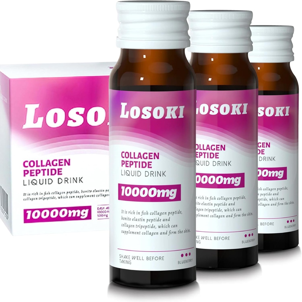 Losoki Liquid Collagen Peptide Bevanda - 10000mg Peptidi di collagene marino idrolizzati con vitamina C, Miscela Premium, Promuovere Giunti di pelle di capelli sani Bones, (1 scatola, 10 bottiglie)