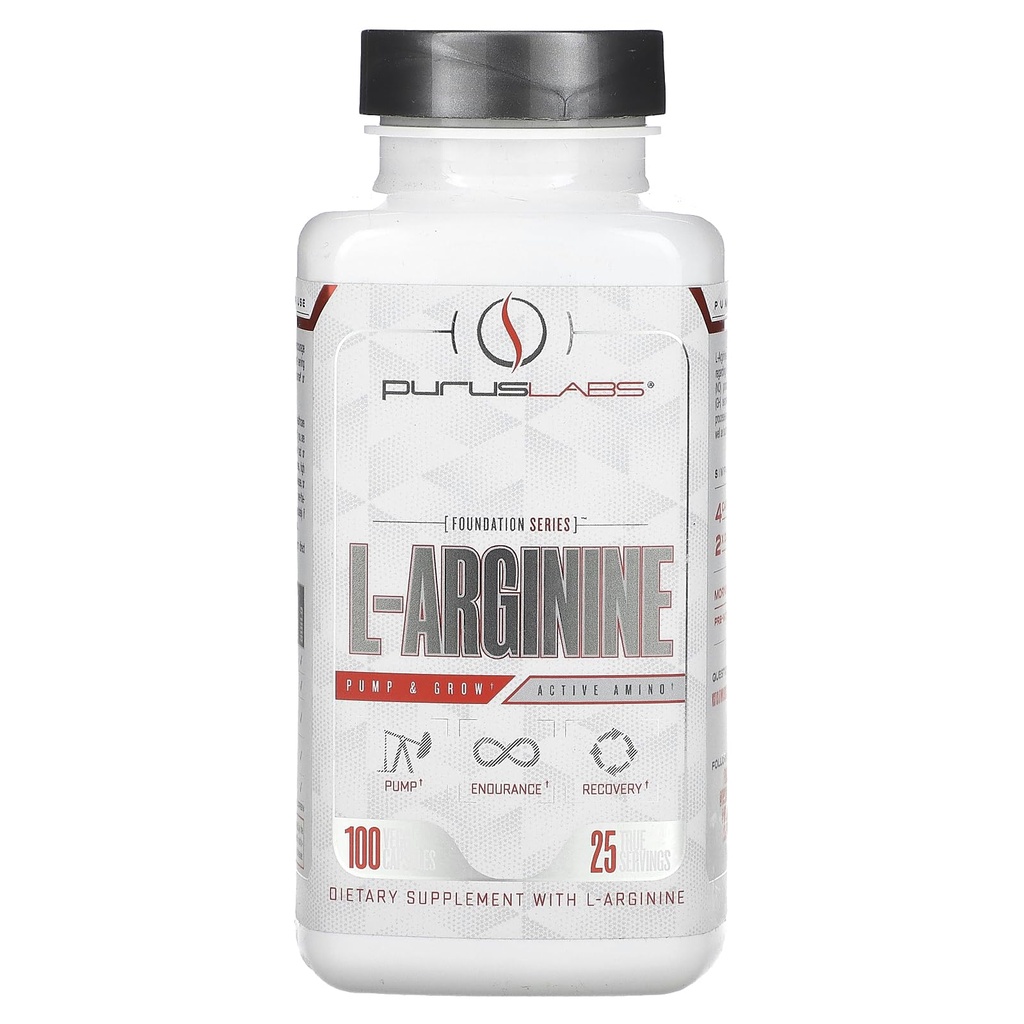 Purus Labs L-Arginina Aminoacido attivo | Endurance, Pumps, & Muscle Growth | Ossido nitrico per aumento di flusso sanguigno | 25 Serve, 100 capsule vegetali