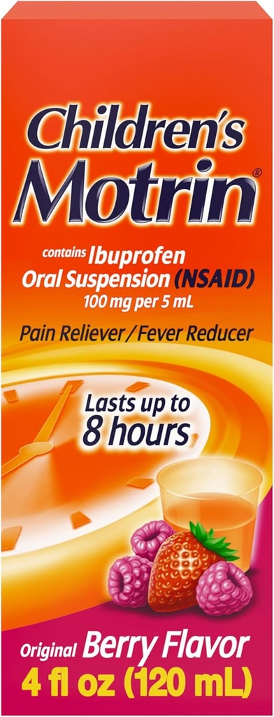 Medicina della sospensione orale di Motrin per bambini, 100 mg Ibuprofene, Riduttore di febbre per bambini e dolore per dolori minori a causa di freddo e fluido, senza alcool, aromatizzato alla bacchetta, 4 fl. oz