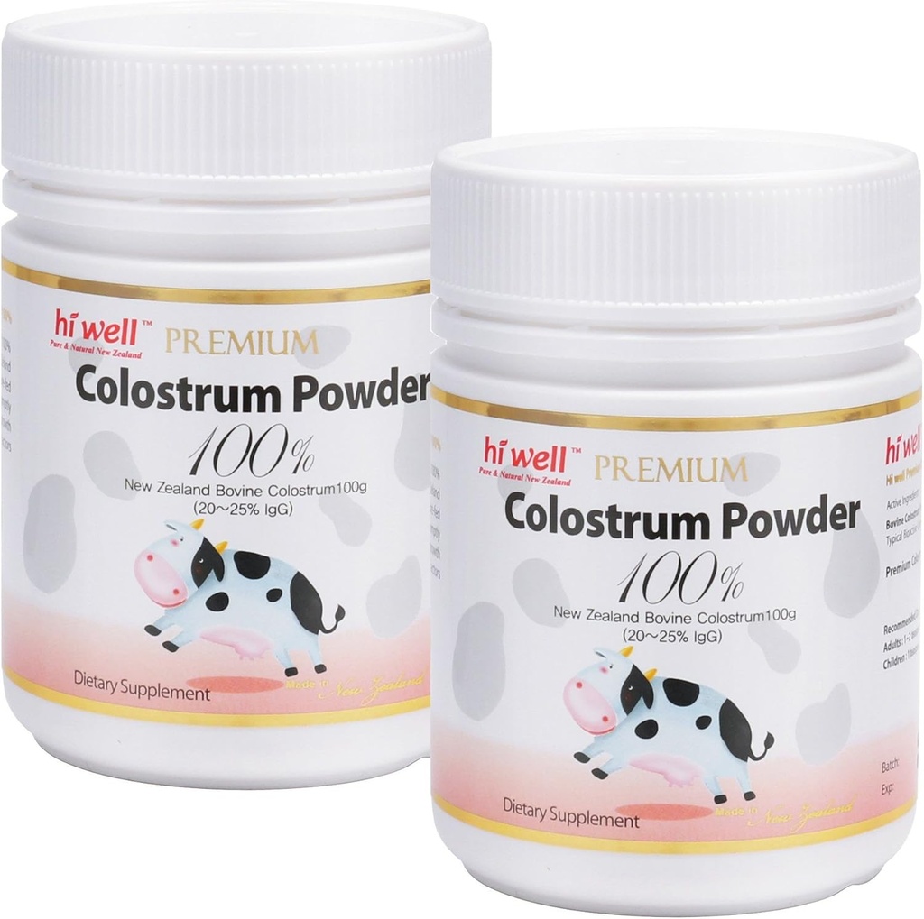 (Pack of 2) Hi Well Premium Pure Nuova Zelanda Bovine Grass-Fed Colostrum Polvere 100% 100g