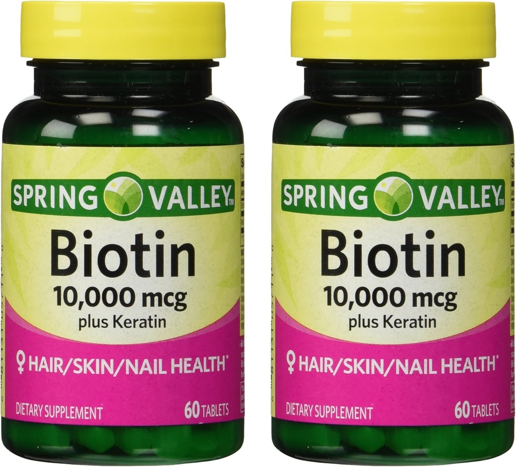 Spring Valley 10000mcg Biotina con 100mg Keratin Integratore alimentare, 60 Conte (Pack of 2)