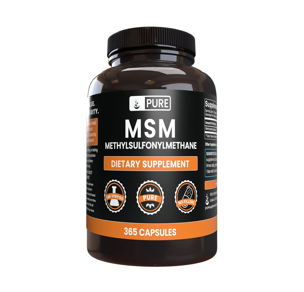 PURE ORIGINAL INGREDIENTI MSM (365 capsule) Nessun filler di Magnesio o di Riso, Sempre Pure, Lab verificato