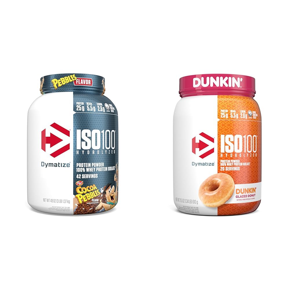 Dymatize ISO100 Polvere di proteine idrolizzate, Isolato di siero al 100%, 25g di proteine, 5.5g BCAAs & ISO100 polvere di proteine idrolizzate, Isolato di siero al 100%, Flavoro di ciambella smaltata di Dunkin