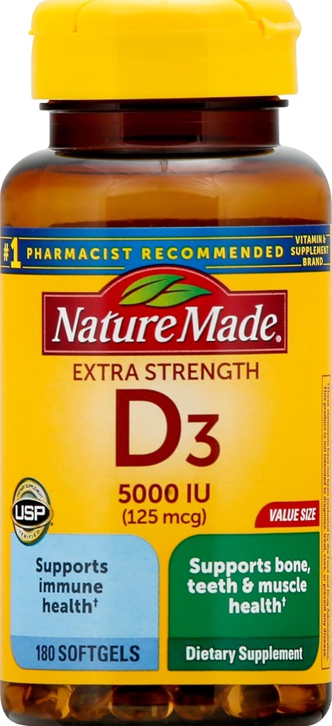 Vitamina D3 5000 IU (125 mcg), 180 Softgels Dimensione del valore, Alta Potenza Vitamina D aiuta a sostenere la salute immunitaria, le ossa forti e i denti, & Funzione del muscolo