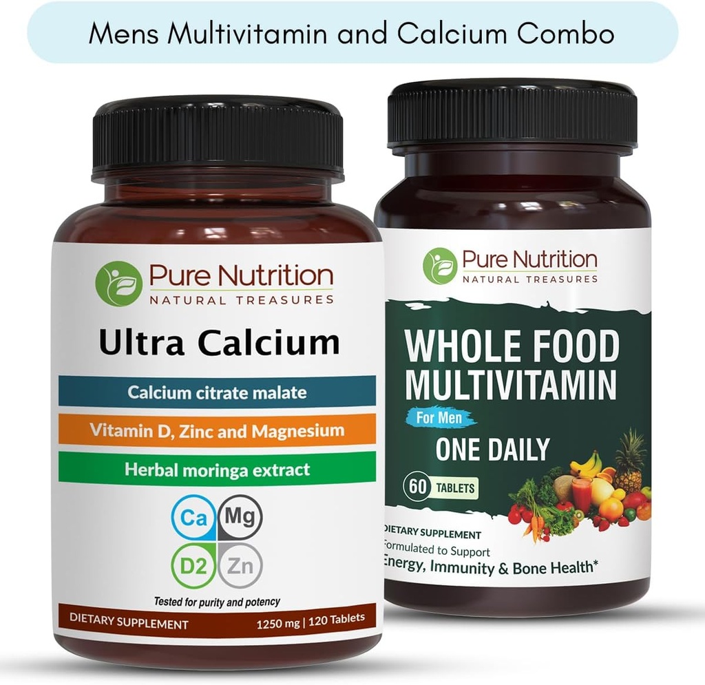 Pure Nutrition Ultra Calcium 1000mg e Whole Foods Mens Multivitamins 1500mg per le ossa sane, le articolazioni e il benessere generale. Ultra Calcium 90 Tabs + Mens Multivitamins 60 Tabs.