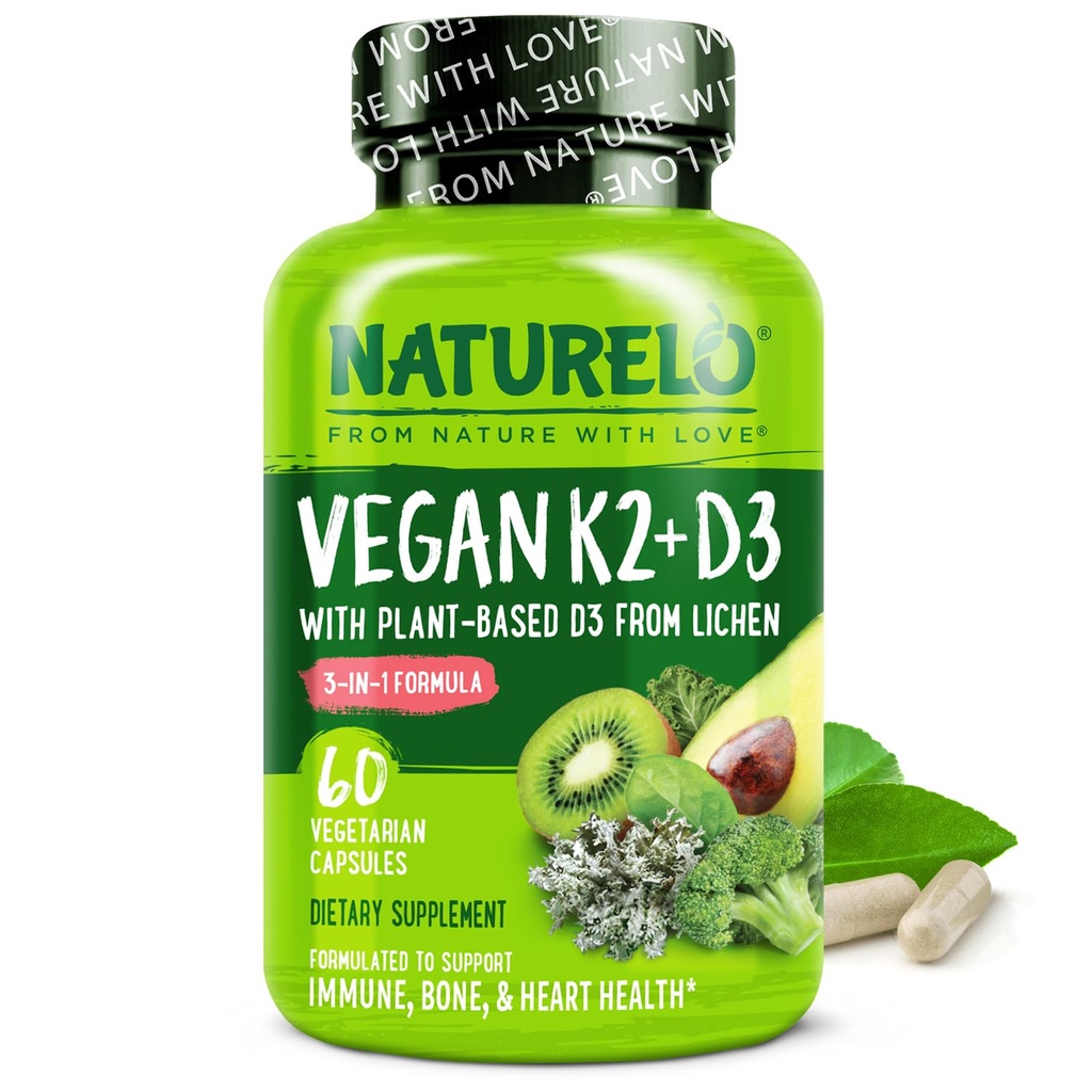 NATURELO Vitamina D3 K2 - Vegan con Plant Based D3 da Lichen - Integratore Naturale per Sistema Immune, Supporto Bone, Salute Del Cuore - Cibo Intero - Non OGM - Gluten Free, 60 Capsule