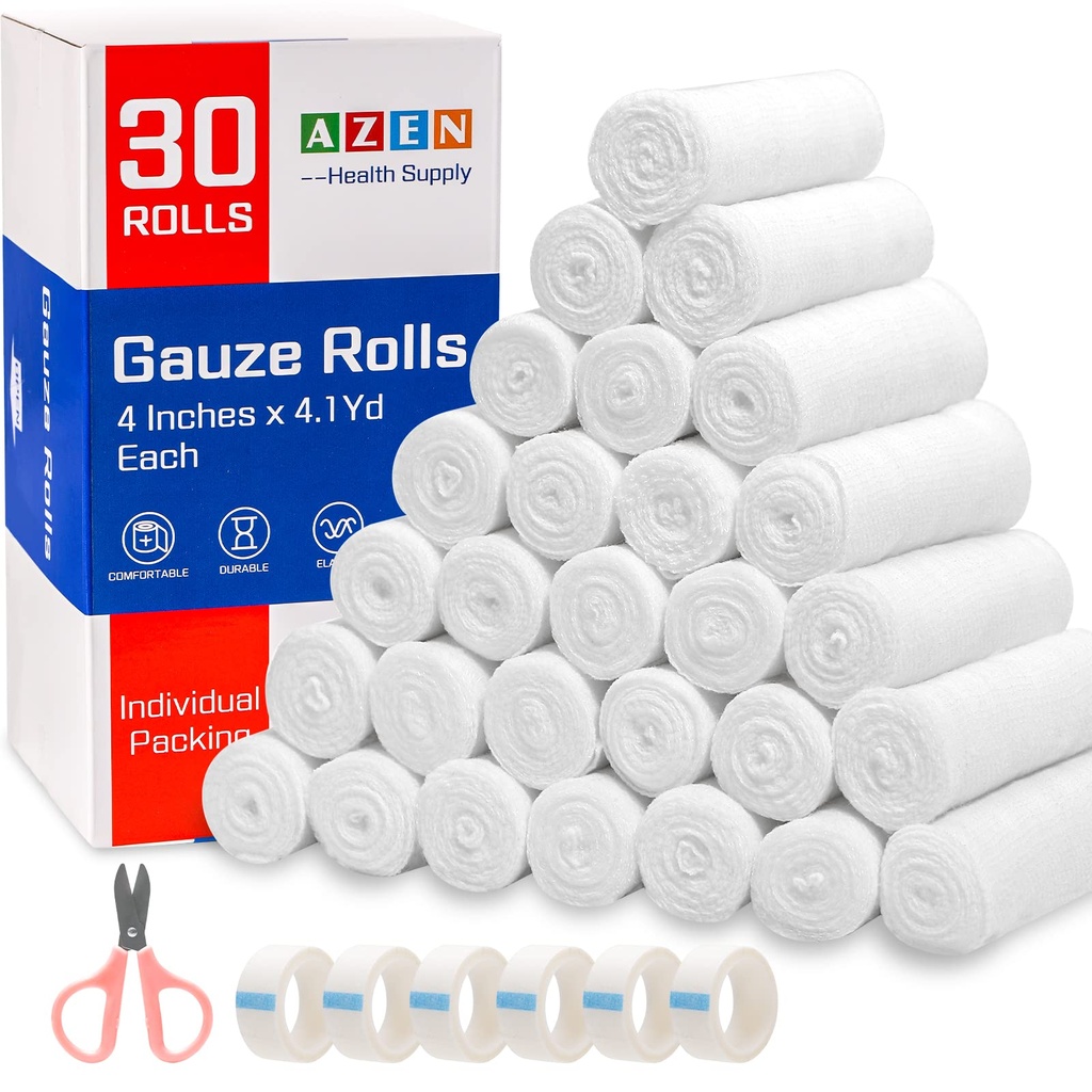 AZEN 30 Pack Gauze Rolls Bandages, 4 in x 4.1 Yards, Premium Medical Supplies & First Aid Supplies, Bandage Wrap Vet, Mummy Wrap