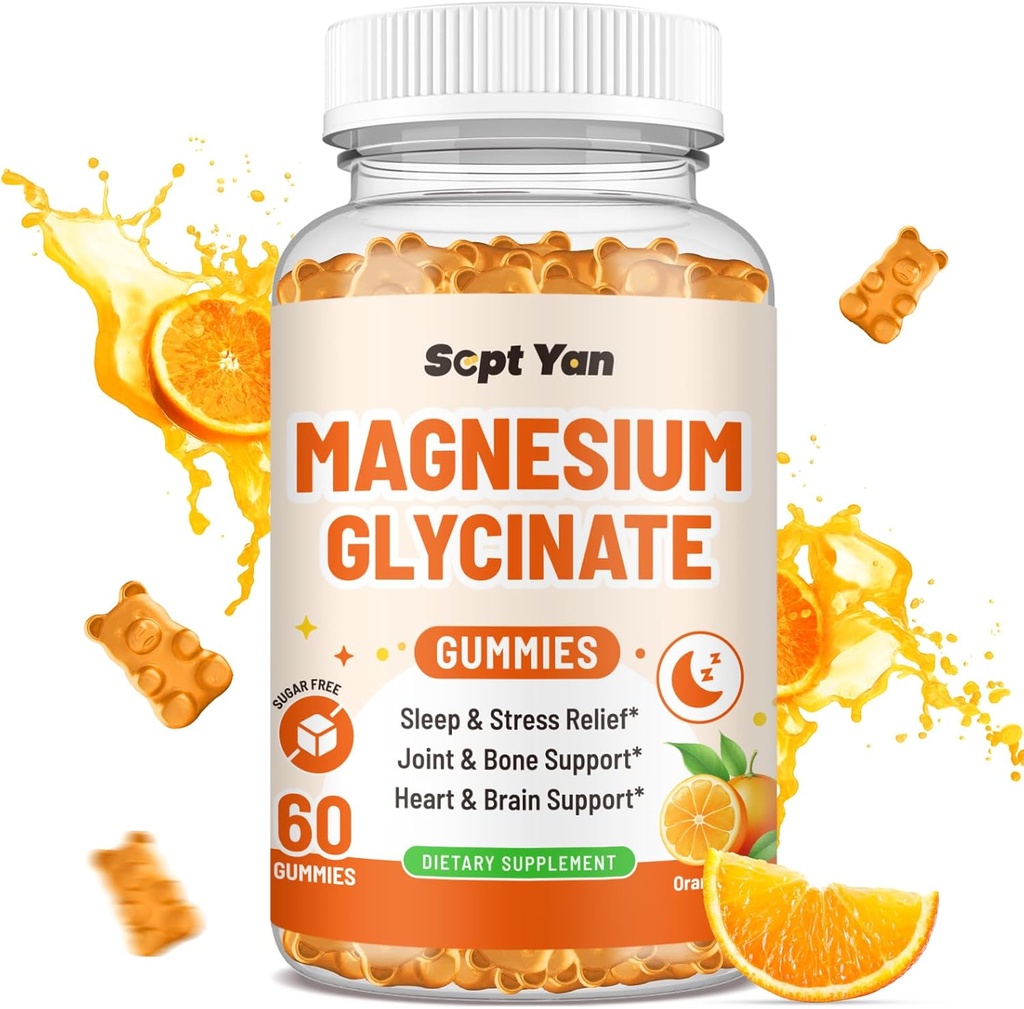 Magnesio Gummies per Adulti - Magnesio Glycinate Supplemento con Vitamina B6, L-teanina, Vitamina D, CoQ10 - Magnesio Comlex Gummies per Mood, Bone & Muscolo, Zucchero Free Orange Flavor 60 ct