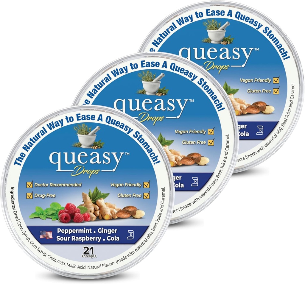 Tre gocce Queasy Lollies - Rilievo da Nausea & Travel Sickness - Allevia una mucca secca & Settles Lo Stomach - Ingredienti naturali - 4 Sapori - 21ct (Pack of 3)