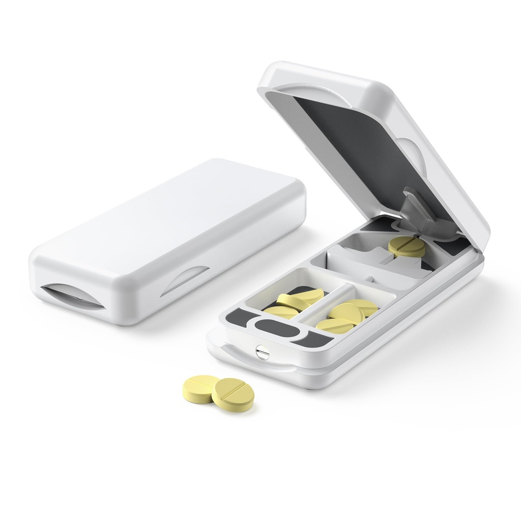 Pill Cutter con dispositivo di centraggio automatico, Splitter di alluminio Pill con lama in acciaio 316L, Caso in vera pelle, Splitter professionale per il taglio di piccole pillole o grandi pillole (Plastic,White)