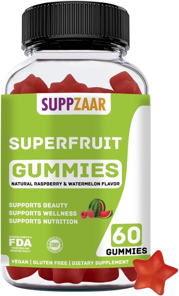 Vegan Superfruit Gummy Vitamine. Superfruit Gummies w/Vitamin A C E Organic Silica. Superfrutto per la formazione di collagene, bellezza e splendore. Basato su piante, non OGM, senza glutine, senza gelatina. 60 CT