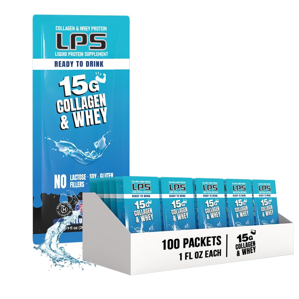 LPS Liquid Collagen & Whey Protein Supplement - Non OGM Drink, Sugar-Free - Promuove la pelle sana e capelli per gli uomini e le donne, Neutral, Single Serve (100 Packets)