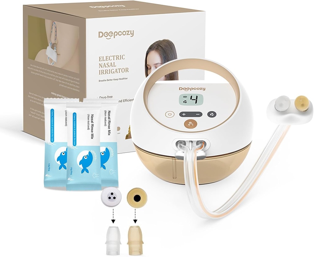 Irrigazione nasale elettrica Sinus Rinse Machine con 30 Confezioni di sale, Detergente di naso per adulti seni, Congestione del sistema di flusso nasale e Rilievo del naso in esecuzione, Pulitore di naso (Device Auto-Clean)