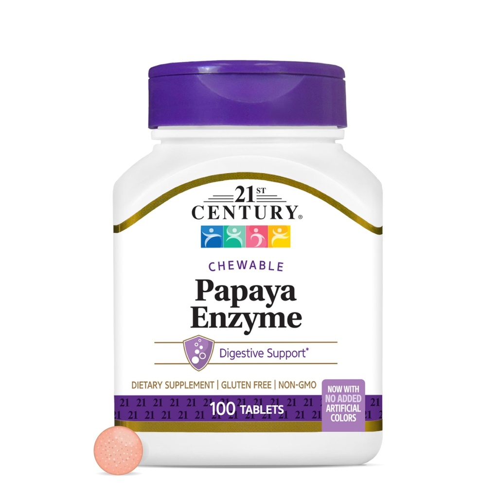 21st Century Papaya Enzyme Chewable (100 Count), Papaya & ananas Enzimi digestivi per Gut Health, Tropical Flavor, Non OGM, Senza glutine, Senza sale aggiuntivo, Sapori artificiali