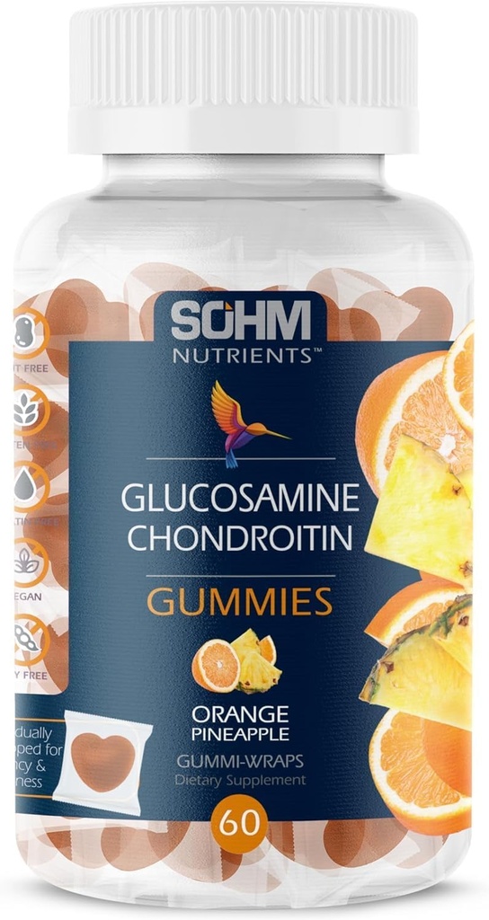 SOHM Glucosamina e Chondrotin Gummies 60 Contare individualmente avvolto, Supporta giunti Salute e Bones Salute, Glucosamina Chondroitin Gummies per Mens e Donne Vegetariano (Pineapple,Orange)