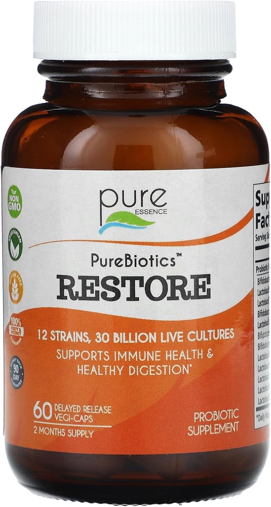 PURE ESSENCE LABS Restore Probiotic Supplement 30 miliardi di CFU - Probiotici per uomini e donne - 12 strati per il supporto immunitario e la salute digestiva - Supporto naturale per il sollievo della costipazione (60 caps)